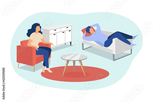 Different functions of furniture vector illustration. Happy man sleeping on sofa and woman sitting in armchair, couple organizing space in apartment. Interior design, renovation concept © SurfupVector