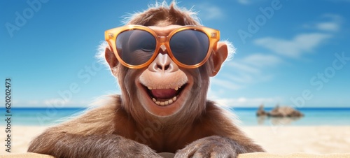 Funny animal summer holiday vacation photography banner background - Closeup of smiling laughing monkey with sunglasses, chilling relaxing at the tropical ocean beach (Generative Ai)