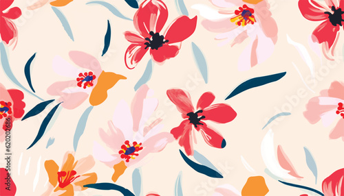 Bright hand drawn blossom artistic flowers print. Modern botanical pattern. Fashionable template for design.