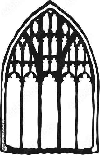 English perpendicular gothic panel window tracery stylized vector. Architectural element; medieval cathedral arches.