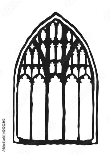 English perpendicular gothic panel window tracery stylized drawing. Architectural element; medieval cathedral arches.