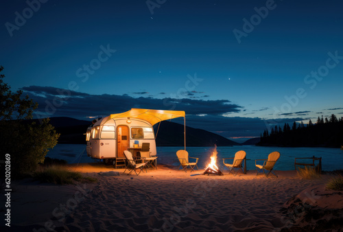 Jolie petite caravane au coucher du soleil sur la plage .Generative AI.