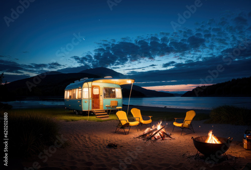 Petite caravane et feu de camp au coucher du soleil sur la plage. Generative AI.