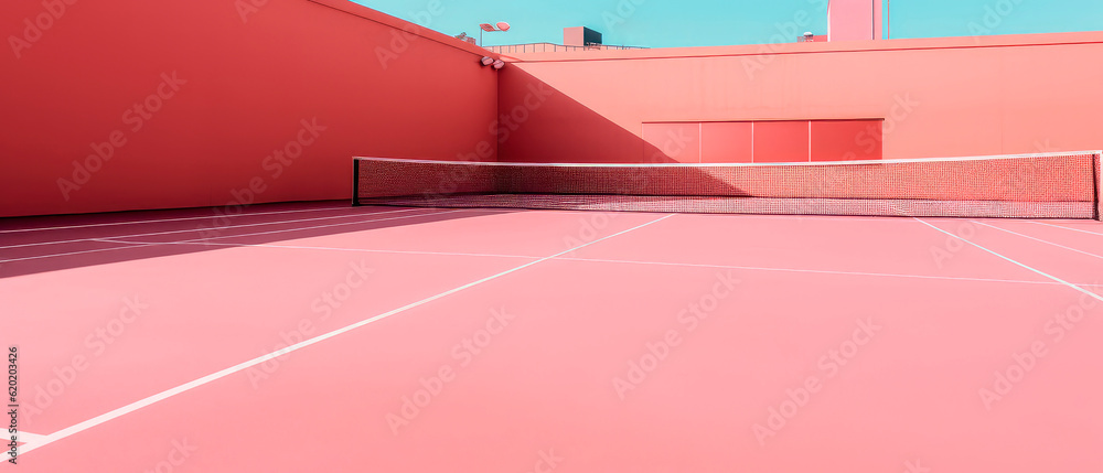 Pink tennis court scene.Stadium, field. Sport lifestyle background. Summer template or banner. Sport games cover. Generative a
