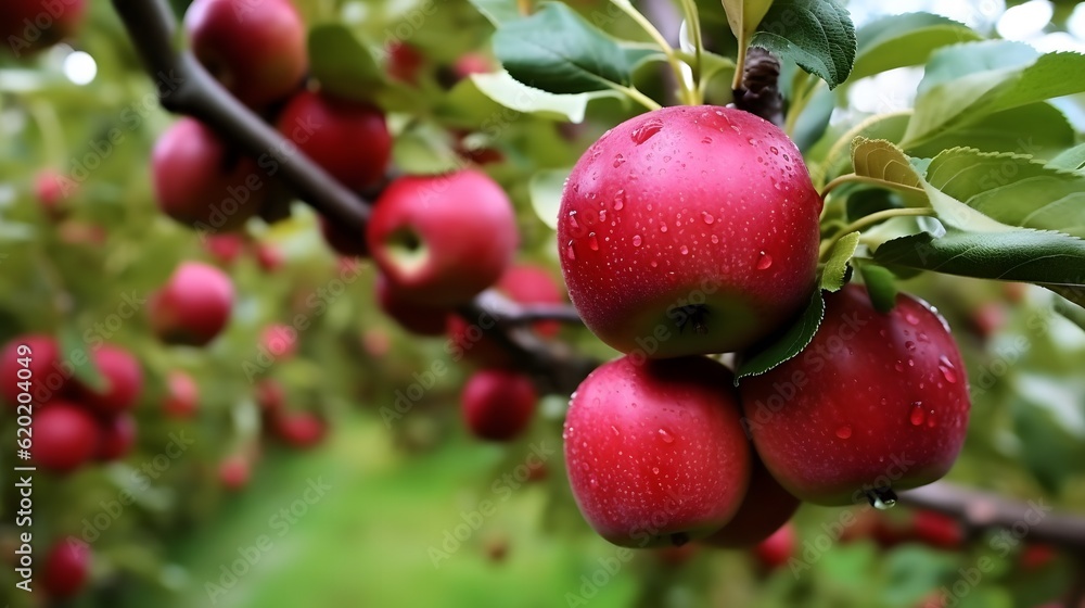 Organic red ripe apples on the orchard tree with green leaves, closeup Organic red ripe apples on the orchard tree with green leaves, closeup