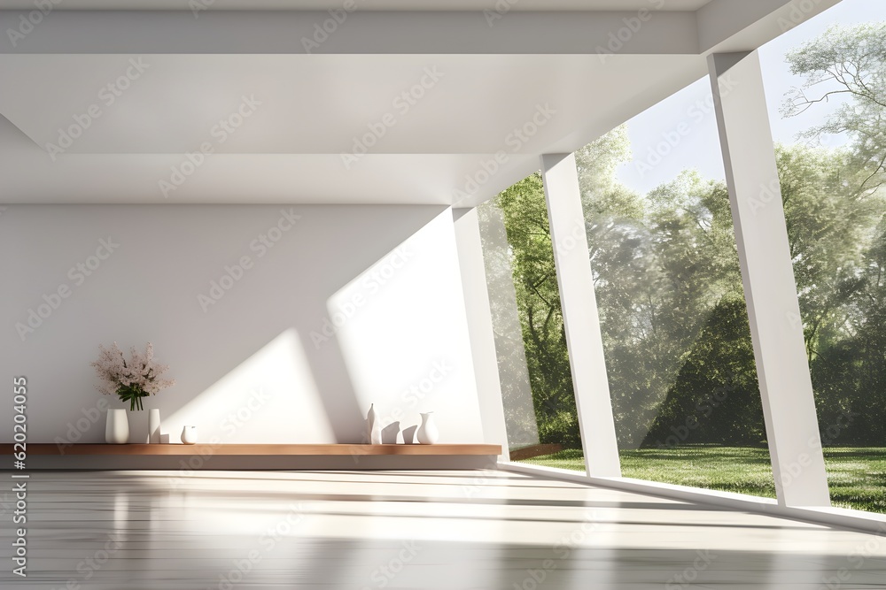 Fototapeta premium interior design, Modern interior space with nature view, sunlight shining into the room
