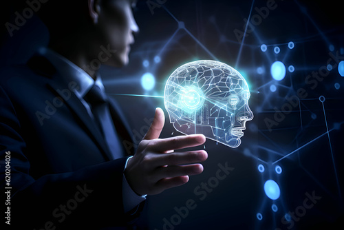 Businessman with human head hologram, neural network, Generative AI