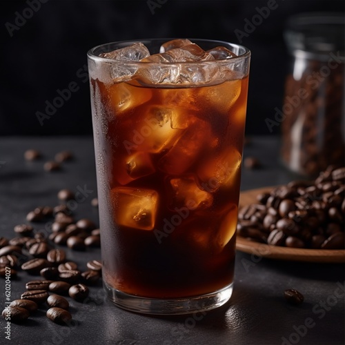 Iced Americano coffee in the glass with coffee beans in background. Generative ai