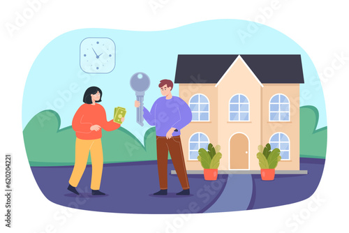 Realtor giving big key to client for short-term housing. Real estate agent and woman with money, short-term house rental vector illustration. Rental, accommodation, real estate, payment concept