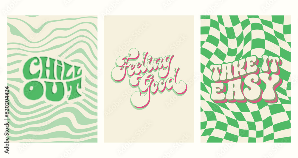 Set of 3 Groovy poster designs with hand written lettering positive quotes. Wavy green geometric retro background. Trendy 60s 70s poster design. Vintage typography.