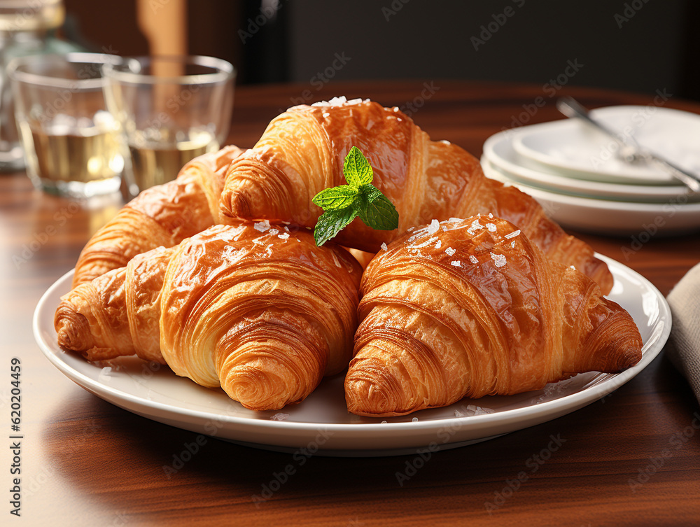 Some croissants are served on the plate. Simply decorated. Restaurant background. Setting out for food photography.