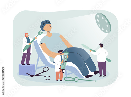 Tiny surgeons preparing tools for operation vector illustration. Doctors with scalpel, syringe and forceps operating on lying patient. Health care, plastic surgery, beauty correction concept