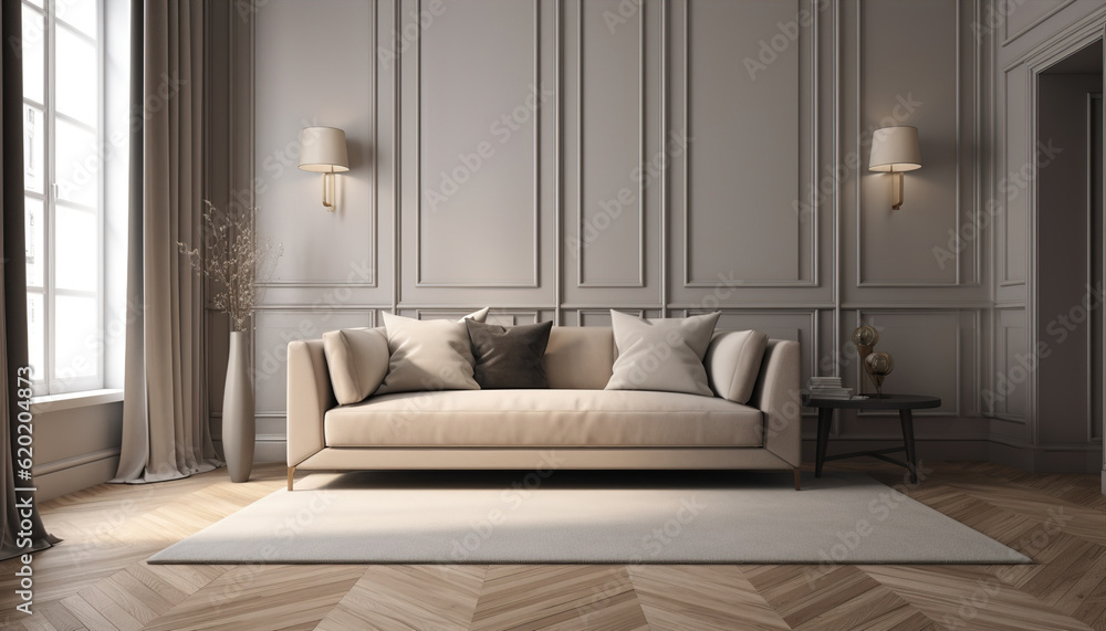 Modern minimalist gray, beige interior with sofa, wall moldings, carpet and decor. 3d render illustration mockup. , Generative ai
