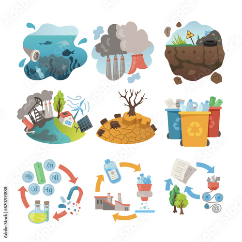 Environmental issues elements vector illustrations set. Cartoon drawings of dry ground due to drought, recycled objects, polluted water and air. Ecology, climate change, recycling, pollution concept