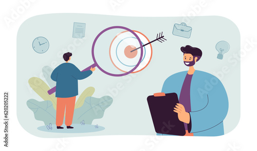 Worker studying target with huge magnifier vector illustration. Cartoon drawing of employees doing market research, SWOT analysis, company development. Business, strategy, goal concept