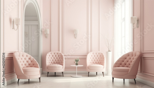 Pastel interior in classic style with soft armchairs and lamps. 3d rendering , Generative ai