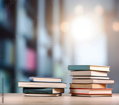 books on wooden table in blurred classroom background