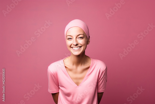 Studio portrait of a happy cancer patient against a pink background photo