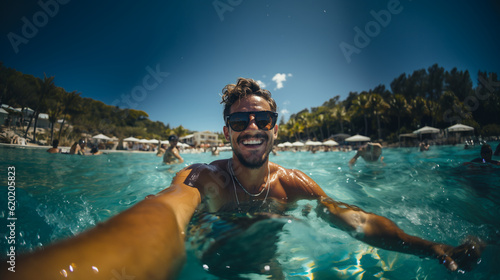Young man take fun in the pool. Generative Ai © Vika art