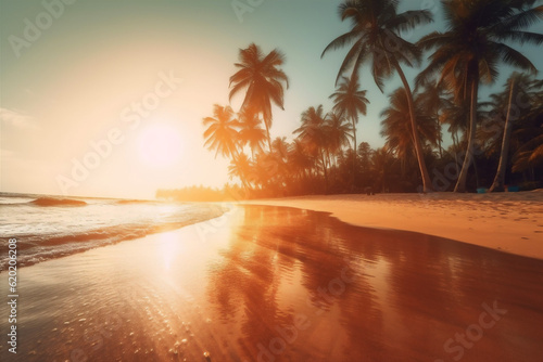 sunrise beach ocean sun sky island sunset landscape palm sea. Generative AI.