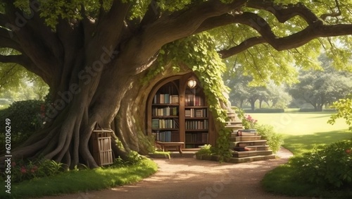 A whimsical scene of a small book collection tucked away in the shade of a grand old tree. generated by Ai