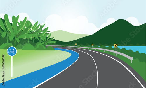 Road with bicycle lane sign at nature landscape, vector file