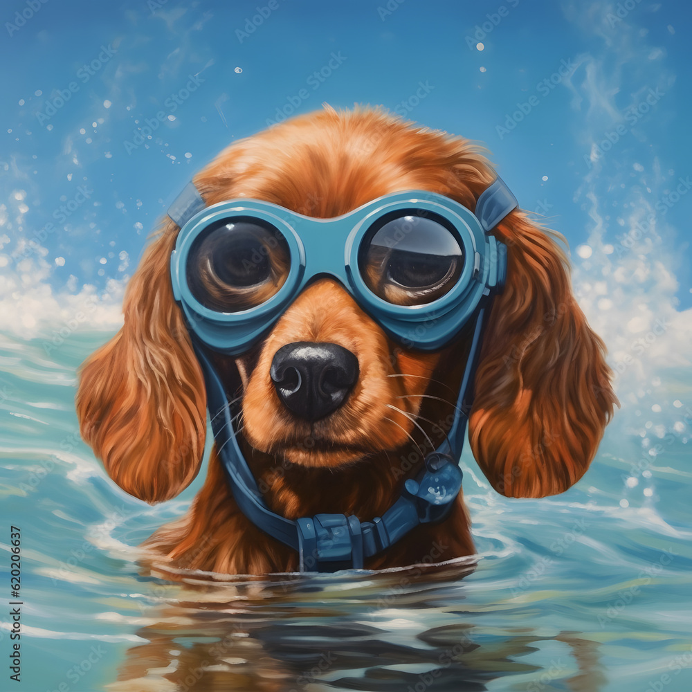 A small brown dog is bathing in the water with diving goggles. minimal summer concept