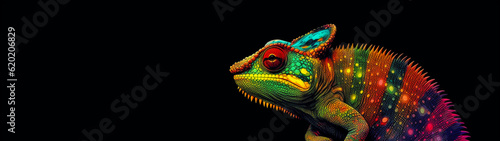 Banner with colorful cute chameleon on isolated black background. Generative AI
