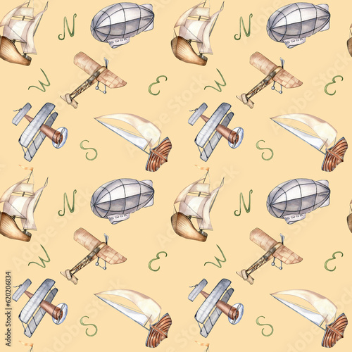 Sailing ship, air balloon, airplane watercolor seamless pattern isolated on beige. Boat, aircraft, vessel, aerostat hand drawn. Print for boy, wrapping, textile, vintage style wallpaper, background photo