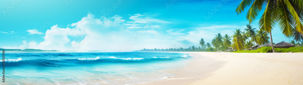 Fototapeta premium Vacation banner with summer beach background. Copy space. Generative AI