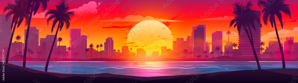 Banner with beach with palm and city silhouette at sunset background. Vacation postcard. Generative AI