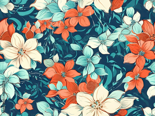 Seamless pattern with orange and white flowers on blue background. Floral texture.