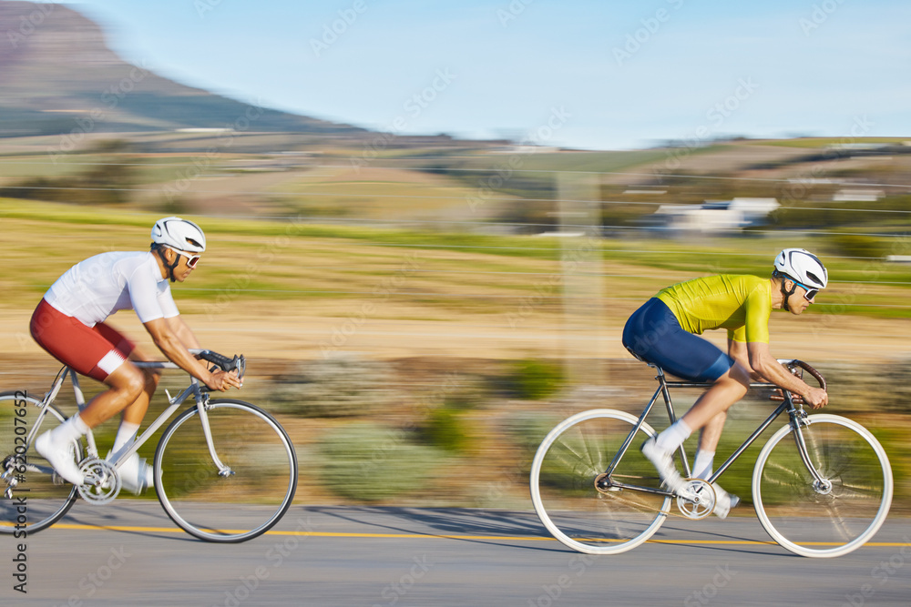 Φωτογραφία Cycling race, people and outdoor in street with speed, sports or fitness in countryside in summer