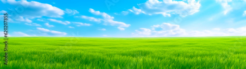 Banner, green grass field and blue sky with clouds. Organic background. Copy space. Generative AI