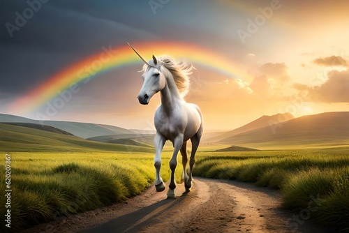 horse in the sunset with rainbow generative by Al technology