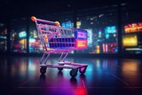 Shopping cart with neon colorful can be viewed in modern stores with copy space