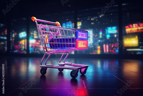 Shopping cart with neon colorful can be viewed in modern stores with copy space