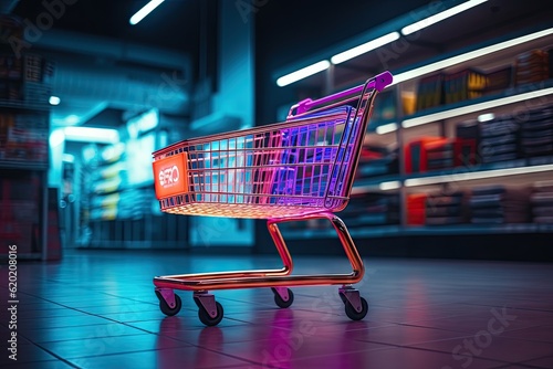 Wallpaper Mural Shopping cart with neon colorful  can be viewed in modern stores with copy space Torontodigital.ca