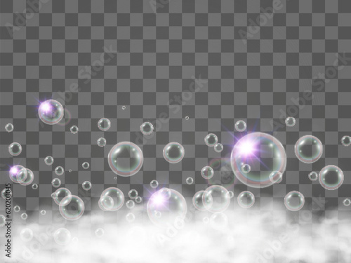  Air bubbles on a transparent background. Soap foam vector illustration. © Olga