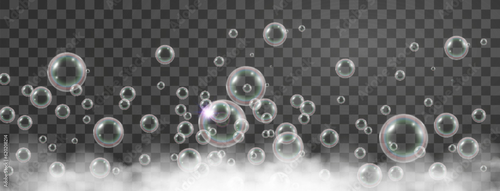 Air bubbles on a transparent background. Soap foam vector illustration.
Air bubbles on a transparent background. Soap foam vector illustration.
