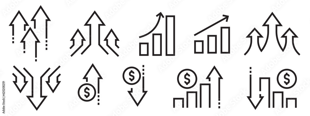 Increase and Decrease business growth icon. Company profit or loss indication graph. Stock market up or down statistics. Investment sign and symbol. Vector set collection of black and white sale trade