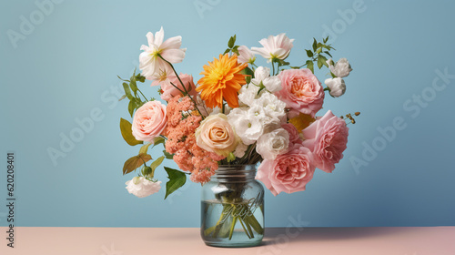 Floral Bouquet of Botanical Flowers Inside a Mason Jar - Beautiful Blooms, Petals, and Leaves - Against Blue Pastel Background with Copy Space - Generative AI