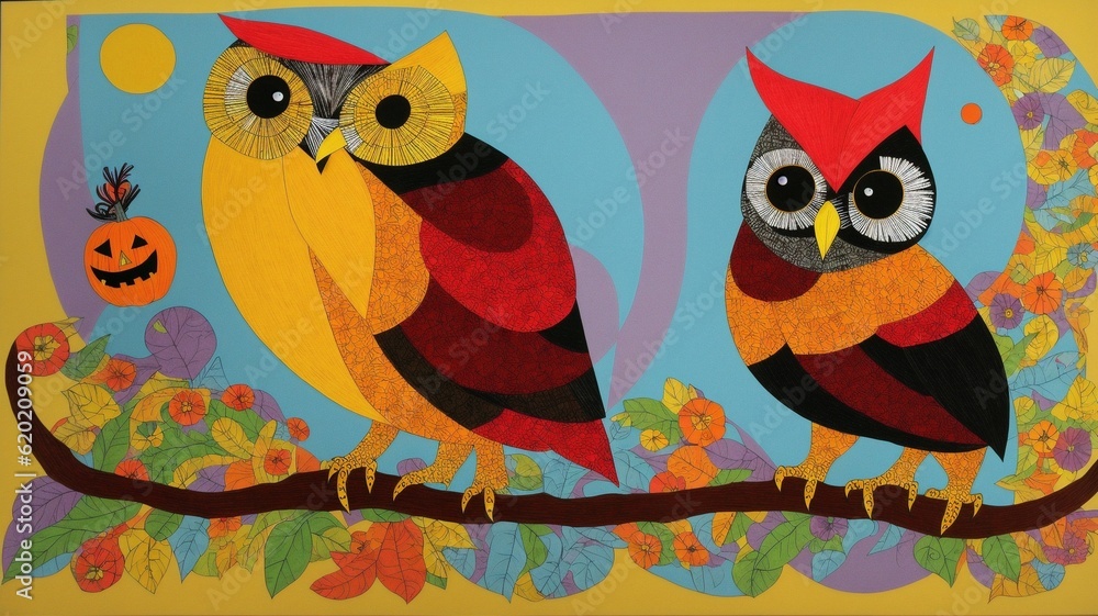 A Painting Of Two Owls Sitting On A Branch A Painting Of Two Owls Sitting On A Branch