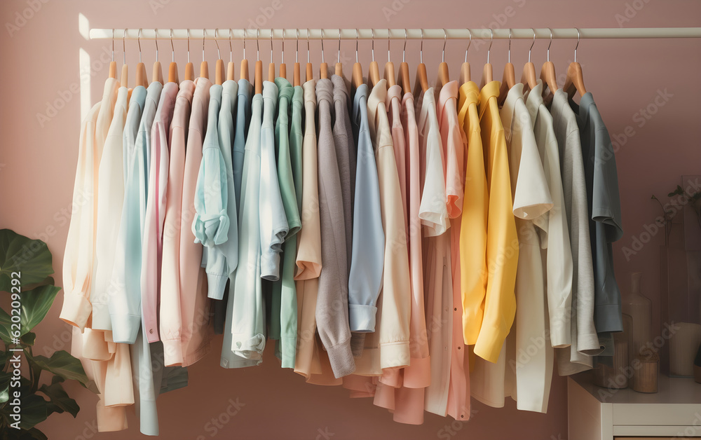 A variety of colorful clothes on hangers, Generative AI