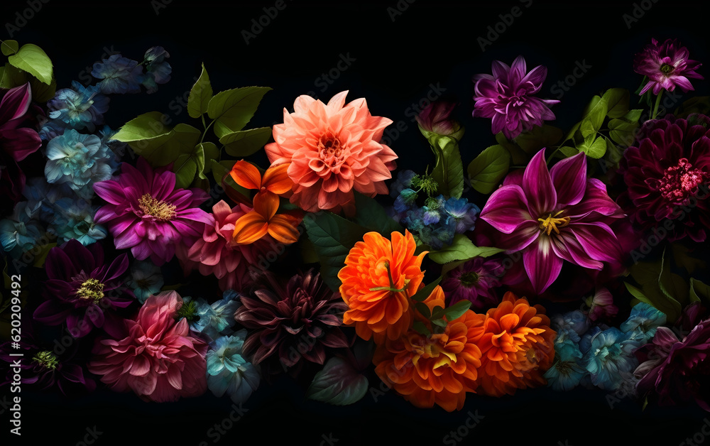 Flowers, leaves, and plants on a black background, Generative AI Flowers, leaves, and plants on a black background, Generative AI