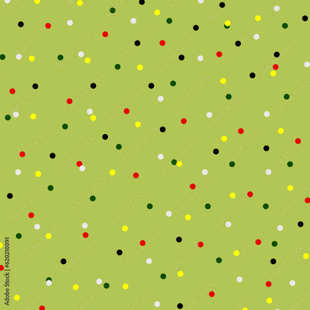Cute minimalism pattern. Light green pattern with colored dots. Red, yellow, black and white dots on green background illustration. Wallpaper design. Design cardboard pattern 
