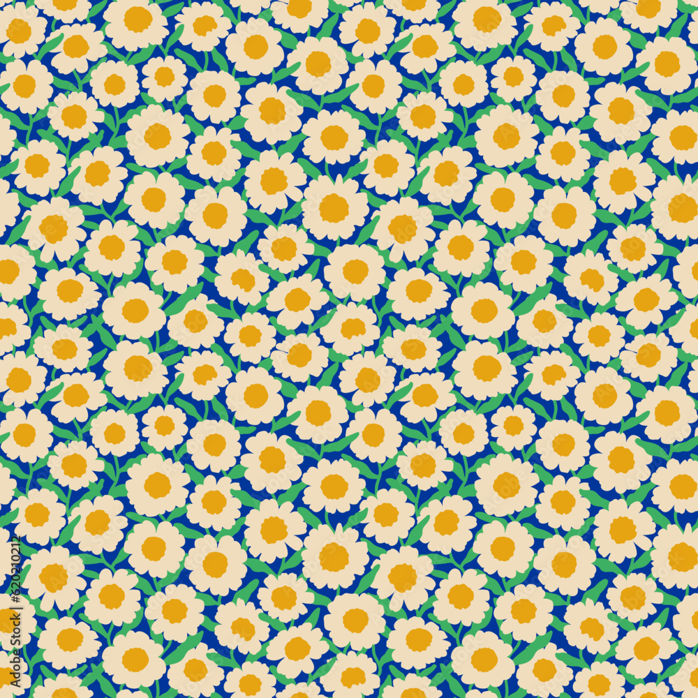 Abstract blossom, bloom. Hand drawn trendy daisy. Ditsy floral pattern. Vintage flowers on blue background. Printing with small white flowers. Cute print. Seamless vector texture. Retro motif. Abstract blossom, bloom. Hand drawn trendy daisy. Ditsy floral pattern. Vintage flowers on blue background. Printing with small white flowers. Cute print. Seamless vector texture. Retro motif.