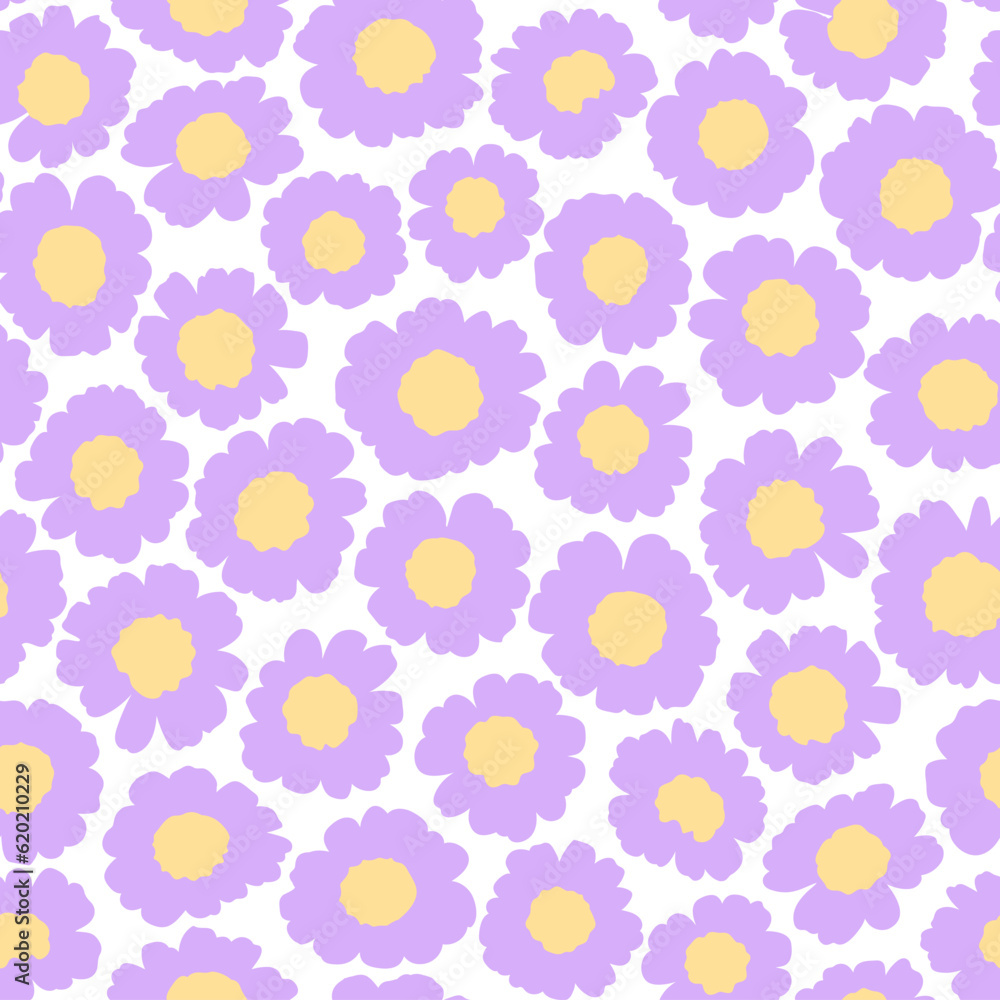 Naive floral background. Floral pattern with small lilac daisy flowers on a white background. Seamless pattern for design and fashion prints. Ditsy style. Stock vector illustration.