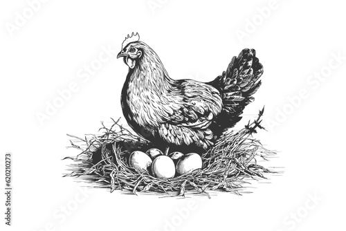 Fototapet Hen laying eggs in the nest sketch hand drawn