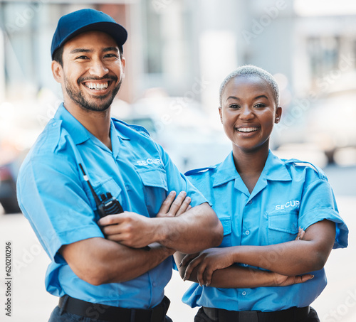 Photography Security guard, safety officer and team portrait on the street for protection, patrol or watch